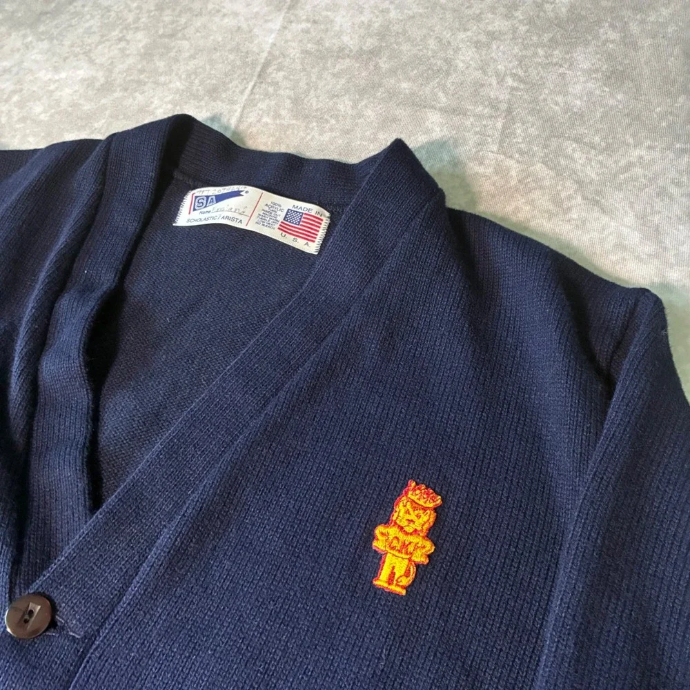 True Vintage Scholastic Arista Navy Blue Cardigan Sweater Lion Mascot Made inUSA